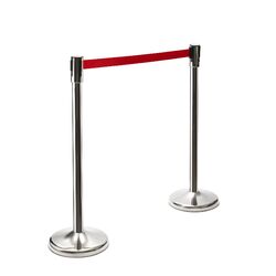 Horecaplaats.nu | Trendy afzetpaal Chrome RVS met rode band, Afsluitlengte 180 cm, Voet Ø 32cm, Paal Ø 5cm, Hoogte 99 cm, 8 kg, 10104SR