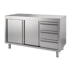 Horecaplaats.nu | Gastro M RVS werktafel met schuifdeuren en 3 laden 88x140x70cm