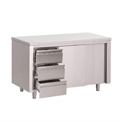 Horecaplaats.nu | Gastro M RVS werktafel met schuifdeuren en 3 laden 88x160x70cm