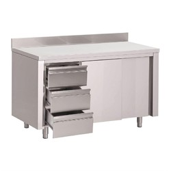 Horecaplaats.nu | Gastro M werktafel met 3 laden links, schuifdeuren en achteropstand 88x160x70cm